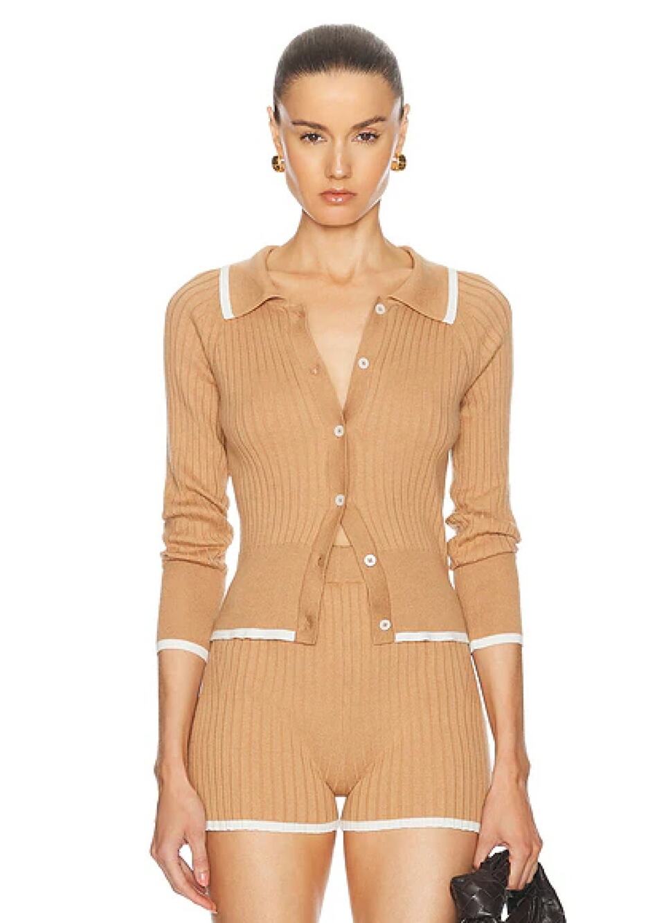 MATTHEW BRUCH Rib Knit Cropped Cardigan Khaki Size 2 / Small